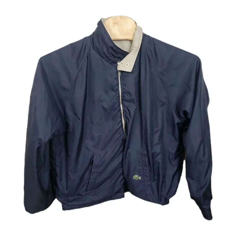 Lacoste Reversible Jacket Men's XL Navy Blue Tan Croc Logo Full Zip Bomber